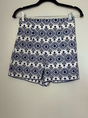 Zara Navy and White Embroidered High-Waist Shorts